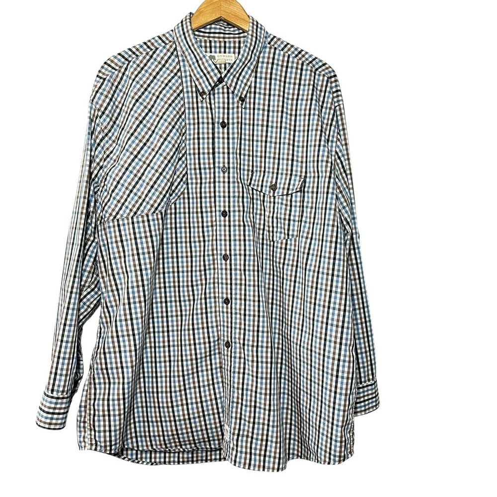 Onward‎ Reserve XL Gingham Shirt Blue Brown Plaid Outdoor Vented Fishing Cotton